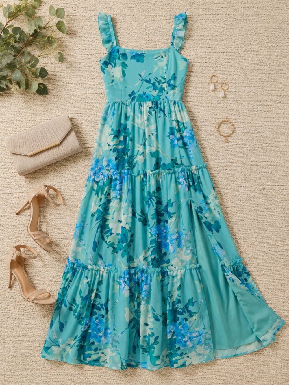 Adrianna Papell Multi Print Chiffon Ruffle Dress Size 14 NWT